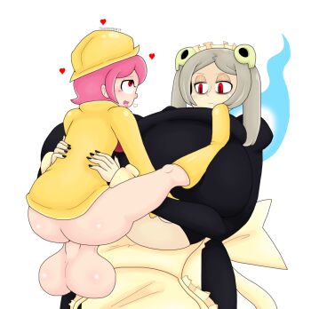 1futa 1girl age_difference ahegao apron ass bloody_marie_(skullgirls) blush bottomless breasts clothed_sex english_text futa_with_female futanari grabbing_another's_breast grey_hair groping heart highres huge_ass huge_breasts huge_penis huge_testicles loli maid maid_apron maid_headdress medium_hair open_mouth paizuri paizuri_under_clothes penis pink_eyes pink_hair red_eyes rolling_eyes simple_background size_difference skullgirls speech_bubble testicles tongue tongue_out touhoufan twintails umbrella_(skullgirls) white_background