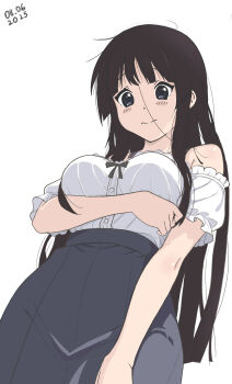 Rule 34 | 1girl, absurdres, akiyama mio, alternate costume, andreypavlow, arm under breasts, bare shoulders, black eyes, black hair, black skirt, blush, breasts, closed mouth, commentary, dated, english commentary, from below, highres, k-on!, long hair, looking at viewer, looking down, medium breasts, off-shoulder shirt, off shoulder, pencil skirt, shirt, shirt tucked in, simple background, skirt, solo, very long hair, white background, white shirt