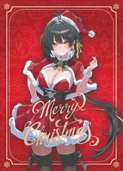 1girl alternate_costume antenna_hair bell black_hair black_thighhighs bow bowtie breasts capelet cleavage closed_mouth colored_inner_hair commentary_request cowboy_shot dress earrings female_rover_(wuthering_waves) green_bow green_bowtie hair_ornament hair_ribbon hairclip hand_on_own_hip hat jewelry korean_commentary large_breasts long_hair looking_at_viewer low_ponytail merchandise_available merry_christmas multicolored_hair parallel_hairclips ponytail red_background red_capelet red_dress ribbon rkin rover_(wuthering_waves) santa_costume santa_hat smile solo strapless strapless_dress thighhighs thighs triangle_earrings white_hair wuthering_waves yellow_eyes yellow_ribbon