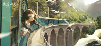1girl arch_bridge bird black_hair braid bridge copyright_name copyright_notice day green_eyes hairband highres kanjira logo long_hair looking_outside low_twin_braids official_art official_wallpaper reverse:1999 scenery shirt solo sunlight through_window too_many too_many_birds train tree twin_braids utility_pole white_bird white_shirt wide_shot yellow_hairband