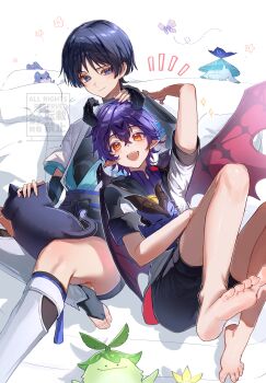 2boys absurdres animal animalization aranara_(genshin_impact) ararycan_(genshin_impact) arm_up barefoot black_bodysuit black_bow black_bridal_gauntlets black_cat black_hair black_horns black_leggings black_shorts blue_kimono blue_sleeves blunt_ends blush bodysuit bow bridal_gauntlets bug butterfly cat choppy_bangs closed_mouth crossed_bangs deep_skin dragon dragon_horns dragon_wings durin_(real)_(genshin_impact) eyelashes eyeliner eyeshadow fangs feet fingernails foot_focus furry_and_humanization genshin_impact hamster headpat highres holding holding_animal horns insect jacket japanese_clothes juban kimono layered_sleeves leaning_on_person leg_warmers leggings looking_at_viewer makeup mini_durin_(dragon)_(genshin_impact) mini_durin_(genshin_impact) mini_durin_(human)_(genshin_impact) multiple_boys nero_hanken notice_lines open_clothes open_jacket open_kimono open_mouth orange_eyes origami person_and_animalization pillow pointy_ears purple_butterfly purple_eyes purple_hair purple_rope purple_sash red_eyeliner red_eyeshadow red_wings rope sash scaramouche_(cat)_(genshin_impact) scaramouche_(genshin_impact) short_sleeves shorts small_dragon smirk spoilers teeth toenails toes undershirt uneven_eyes upper_teeth_only watermark white_background white_jacket white_kimono white_leg_warmers white_sleeves wings