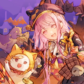 Rule 34 | 1girl, absurdres, ahoge, animal ear headwear, animal ears, bat (animal), bib collar, black bow, black dress, black gloves, black hat, bow, bowtie, brown eyes, buttons, candy, castle, cat ears, chocolate, claw pose, cloak, collared dress, cowboy shot, dress, ear covers, fake animal ears, fang, food, frilled sleeves, frills, ghost, gloves, gradient gloves, halloween, happy, hat, high collar, highres, holding, holding candy, holding food, holding lollipop, holding pumpkin, hood, hood up, hooded cloak, infinity nikki, jack-o'-lantern, lollipop, long hair, long sidelocks, long sleeves, momo (nikki), multicolored gloves, newsboy cap, night, nikki (nikki), nikki (series), ofuda, ofuda on head, open mouth, orange bow, orange bowtie, orange gloves, outdoors, pink eyes, pink hair, polka dot, polka dot bow, puffy long sleeves, puffy sleeves, pumpkin, purple bow, purple bowtie, purple sky, red bow, red bowtie, shoulder bow, sidelocks, sketch, skull, sky, smile, swirl lollipop, two-tone bow, two-tone bowtie, two-tone gloves, very long hair, whiskers, yozen