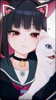 1girl absurdres animal_ears black_choker black_hair black_jacket blue_archive blue_eyes blush cat cat_choker cat_ears choker closed_mouth colored_inner_hair commentary green_sailor_collar highres jacket kazusa_(blue_archive) koikatsu_(medium) looking_at_viewer medium_hair mole mole_under_eye multicolored_hair neckerchief pink_eyes pink_hair pink_neckerchief sailor_collar simple_background tonzu_(tbal1235) trinity_general_school_logo two-tone_hair white_background white_cat