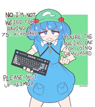 1girl artist_name blue_eyes blue_hair blue_shirt blue_skirt clenched_teeth collared_shirt commentary cowboy_shot english_commentary english_text eosd2002 flat_cap flat_chest frilled_shirt_collar frills green_background green_hat hair_bobbles hair_ornament hat highres holding_computer_keyboard jewelry kawashiro_nitori key key_necklace computer_keyboard looking_at_viewer medium_hair necklace pocket pointing pointing_at_viewer shirt short_sleeves skirt skirt_set solo teeth touhou twitter_username two-tone_background two_side_up v-shaped_eyebrows white_background