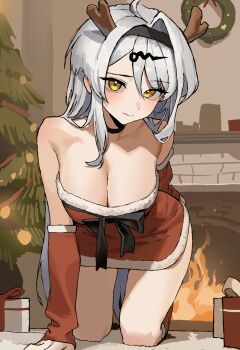 Rule 34 | 1girl, all fours, animal ear hairband, animal ears, antlers, bare shoulders, black hairband, box, breasts, christmas tree, cleavage, commentary request, deer antlers, detached sleeves, dress, fake animal ears, fireplace, gift, gift box, grey hair, hair ornament, hairband, hairclip, highres, horns, indoors, korean commentary, large breasts, long hair, looking at viewer, minez, santa costume, santa dress, smile, solo, strapless, strapless dress, yellow eyes, yixuan (zenless zone zero), zenless zone zero