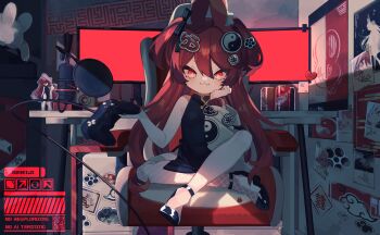 1girl absurdres acrylic_stand_(object) animal_ear_fluff animal_ears black_dress black_ribbon black_shoes bright_pupils can chair china_dress chinese_clothes commentary controller cross-shaped_pupils dress drink_can fishnet_thighhighs fishnets game_controller hair_ribbon hand_on_own_cheek hand_on_own_face high_heels highres holding holding_controller holding_game_controller indoors long_hair monitor on_chair original ozreiji photo_(object) poster_(object) rabbit_ears red_eyes red_hair ribbon shoes single_thighhigh sitting sleeveless sleeveless_dress solo sticker symbol-only_commentary symbol-shaped_pupils thighhighs tsurime two_side_up watermark white_pupils white_thighhighs yin_yang yin_yang_hair_ornament