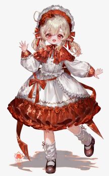 1girl alternate_costume black_shoes blonde_hair bonnet bow capelet center_frills dress frills full_body genshin_impact hand_up highres klee_(genshin_impact) long_sleeves looking_at_viewer open_mouth pointy_ears red_bow red_capelet red_dress red_eyes shadow shoes simple_background smile socks solo standing standing_on_one_leg two-tone_dress utsuhostoria white_background white_dress white_socks