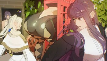 1boy 4girls 6+others artist_name ass backless_outfit bayonetta bayonetta_(series) bayonetta_2 bent_over black_bodysuit black_coat blue_hair bodysuit bush calling chainsaw_man coat dress elf fern_(sousou_no_frieren) frieren highres hiroshi_(hiiroshiiii) kirby kirby_(series) leaning_forward long_hair looking_at_ass multiple_girls multiple_others nintendo open_bodysuit open_clothes open_mouth outdoors phone_booth pikmin_(creature) pikmin_(series) platinumgames pointy_ears purple_eyes purple_hair reze_(chainsaw_man) shiny_clothes sousou_no_frieren tall_female twintails white_dress white_hair