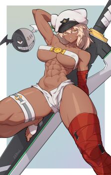 1girl abs absurdres arm_behind_back arm_behind_head arm_up armpit_crease armpits artist_name belt belt_bra blonde_hair breasts clover commentary commission dark-skinned_female dark_skin foot_out_of_frame four-leaf_clover guilty_gear guilty_gear_strive hair_between_eyes hat highres large_breasts looking_at_viewer lucifero_(guilty_gear) medium_hair muscular muscular_female navel ramlethal_valentine red_bandage short_shorts shorts simple_background solo sword thigh_strap toned underboob variant_set weapon white_hat white_shorts yellow_eyes zzzeal