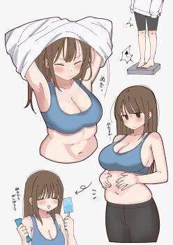 1girl belly breasts brown_hair cleavage food highres large_breasts plump popsicle shorts sweat sweatdrop yoyohachi