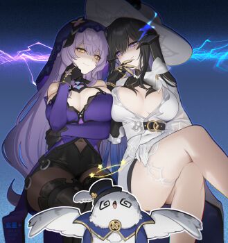 2girls @_@ belt bird black_gloves black_hair black_swan_(honkai:_star_rail) blackdwarf blue_fire bow breasts cleavage colored_inner_hair commentary constance_(honkai:_star_rail) covered_navel crossed_legs detached_sleeves dress english_commentary feathered_wings fire gloves hand_on_own_face hat highres honkai:_star_rail honkai_(series) large_breasts lightning long_hair mole mole_under_eye multicolored_hair multiple_girls owlbert_(honkai:_star_rail) pantyhose purple_dress purple_eyes purple_hair shaded_face sun_hat thigh_strap veil very_long_hair white_dress white_gloves wings yellow_eyes