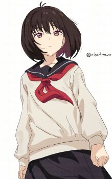 1girl 200-ko_no_chikara black_skirt brown_hair collarbone commentary_request cowboy_shot gradient_eyes hair_between_eyes highres looking_at_viewer medium_hair multicolored_eyes neckerchief osanai_yuki parted_lips purple_eyes red_neckerchief shoushimin_series simple_background skirt solo standing twitter_username white_background yellow_eyes