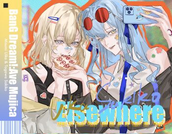 2girls bandaid bandaid_on_face bang_dream! bang_dream!_it&#039;s_mygo!!!!! black_shorts blonde_hair blue_eyes blue_hair blue_necktie blue_ribbon cellphone character_name chinese_commentary commentary_request eating eyewear_on_head grey_jacket hair_between_eyes hair_ornament hair_ribbon hairclip hand_up highres holding holding_phone jacket long_hair medium_hair misumi_uika multiple_girls necktie off_shoulder orange_outline outline phone putaooking red-tinted_eyewear ribbon selfie shorts smartphone sunglasses tinted_eyewear togawa_sakiko