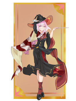 1girl absurdres black_dress black_shoes breasts chinese_commentary commentary_request diamond-shaped_pupils diamond_(shape) dress elf elysia_(hi_love_elf)_(honkai_impact) elysia_(honkai_impact) halloween halloween_costume hat highres holding holding_wand honkai_(series) honkai_impact_3rd long_hair mani medium_breasts multicolored_hair pink_hair pointy_ears purple_eyes red_socks scarf shoes socks solo striped_clothes striped_scarf symbol-shaped_pupils two-tone_hair very_long_hair wand white_hair witch_hat