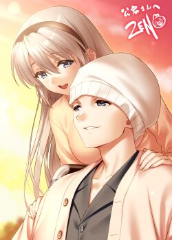 1boy 1girl :d absurdres beanie black_hairband black_shirt blue_eyes blurry blurry_background breasts clannad collared_shirt commentary_request commission eyelashes eyes_visible_through_hair grey_hair hair_between_eyes hairband hands_on_another's_shoulders hat highres large_breasts leaning_forward long_hair looking_ahead looking_at_another okazaki_tomoya open_mouth outdoors parted_lips sakagami_tomoyo second-party_source shirt signature sitting skeb_commission smile spoilers straight_hair sunset sweater teeth tomoyo_after upper_body upper_teeth_only very_long_hair wheelchair yellow_sweater zen_(kamuro)