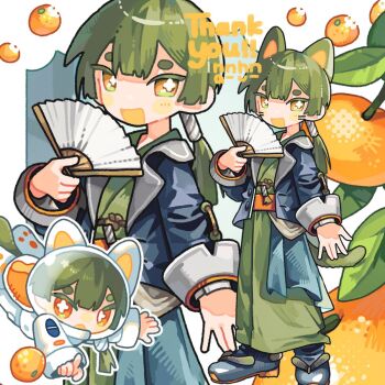 1girl :d animal_ears blue_jacket blue_shoes blush_stickers borrowed_character cat_ears cat_girl cat_tail chibi commentary commission cross-shaped_pupils double-parted_bangs dress food fruit full_body green_dress green_hair hand_fan highres holding holding_fan jacket long_hair long_sleeves looking_at_viewer low_ponytail multiple_views open_clothes open_jacket open_mouth orange_(fruit) orange_eyes original ponytail shoes skeb_commission smile spacesuit standing symbol-shaped_pupils tabunnanhun tail thank_you thick_eyebrows