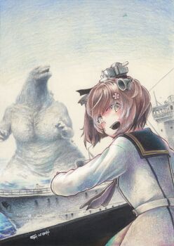binoculars brown_eyes brown_hair destruction dress giant giant_monster godzilla godzilla_(minus_one) godzilla_(series) godzilla_minus_one grey_neckerchief headgear highres kantai_collection long_tail monster mutant neckerchief ocean sailor_collar sailor_dress school_uniform sharp_teeth ship short_hair speaking_tube_headset tail teeth tesun_(g_noh) watercraft yukikaze_(kancolle)