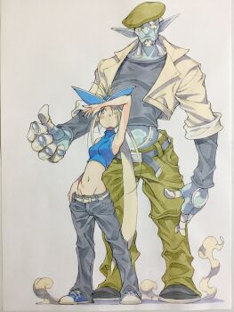 1boy 1girl arm_over_head arm_up baggy_pants bare_arms belt belt_buckle beret black_belt black_eyes black_pants black_shirt black_shoes blonde_hair blue_eyes blue_shirt blue_shoes blue_skin breasts buckle closed_mouth cloud_(pony_&amp;_cloud) colored_skin commentary crop_top dust green_hat green_pants groin hat hat_over_one_eye height_difference highres humanoid_robot jacket lapels layered_sleeves long_hair long_sleeves looking_to_the_side medium_breasts midriff navel one_eye_closed open_clothes open_jacket pants peter_salt pointy_ears pony_&amp;_cloud pony_(pony_&amp;_cloud) ponytail robot shirt shoes short_over_long_sleeves short_sleeves sleeveless sleeveless_shirt sneakers standing traditional_media very_long_hair white_background white_belt white_jacket