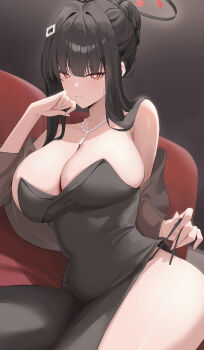 1girl absurdres bare_shoulders black_panties blue_archive blush breasts bright_pupils cleavage commentary_request hair_bun halo heart heart-shaped_pupils highres huge_breasts jewelry kakumayu long_hair looking_at_viewer necklace off_shoulder panties parted_lips red_eyes rio_(blue_archive) rio_(dress)_(blue_archive) single_hair_bun sitting smile symbol-shaped_pupils thighs underwear white_pupils