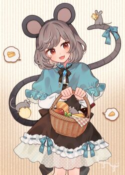 1girl animal_ears apple blush bow capelet cheese dowsing_rod dress dress_bow food fruit grey_hair holding image_in_thought_bubble jewelry long_sleeves looking_at_viewer mouse_(animal) mouse_ears mouse_girl mouse_tail mozukuzu_(manukedori) nazrin open_mouth red_eyes ribbon-trimmed_dress ribbon_trim short_hair solo speech_bubble tail tail_bow tail_ornament thought_bubble touhou
