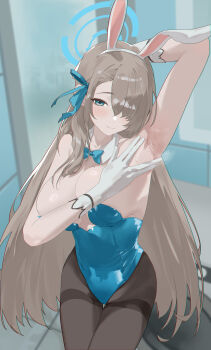 1girl absurdres animal_ear_hairband animal_ears armpits asuna_(blue_archive) asuna_(bunny)_(blue_archive) bare_shoulders blonde_hair blue_archive blue_bow blue_bowtie blue_eyes blue_halo blue_leotard blush bow bowtie breasts cleavage commentary_request detached_collar fake_animal_ears gloves hair_over_one_eye hairband halo highres large_breasts leotard long_hair looking_at_viewer mole mole_on_breast pantyhose playboy_bunny presenting_armpit rabbit_ear_hairband rabbit_ears smile solo spread_armpit thighband_pantyhose very_long_hair white_gloves wuhumihu
