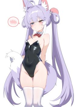 1girl absurdres ahoge alternate_costume animal_ears black_leotard blue_eyes blush bow bowtie breasts brown_eyes closed_mouth collar commentary_request covered_navel cowboy_shot detached_collar embarrassed fox_ears fox_girl fox_tail hair_intakes heterochromia highres holding_own_tail korean_commentary leotard long_hair looking_to_the_side multicolored_hair oldsickkim purple_hair red_bow red_bowtie sidelocks simple_background small_breasts small_sweatdrop solo spoken_blush stellive streaked_hair tail tenko_shibuki thighhighs thighs twintails very_long_hair virtual_youtuber white_background white_collar white_streaks white_thighhighs