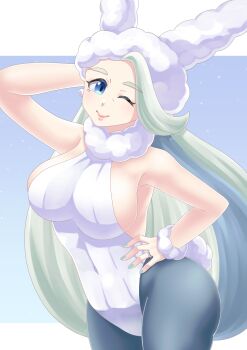 1girl animal_ears arm_behind_head backless_leotard blue_eyes breasts earrings fake_animal_ears fake_tail fur_collar fur_hat fur_wrist_cuffs hand_on_own_hip hat highres jewelry jyouka large_breasts leotard long_hair mature_female melony_(pokemon) multicolored_hair nintendo one_eye_closed pearl_earrings playboy_bunny plump pokemon pokemon_swsh rabbit_ears rabbit_tail smile solo streaked_hair tail ushanka white_hat white_leotard wrist_cuffs