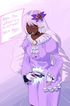 1girl absurdres ascot brooch cowboy_shot dark-skinned_female dark_skin dedhed_art disappointed drawing_gun dress english_text fascinator frilled_ascot frills frown furrowed_brow gloves gold_ring gun hair_ornament handgun highres holding holding_gun holding_weapon jacinthe_(pokemon) jewelry juliet_sleeves long_hair long_sleeves low_drills nintendo open_mouth pokemon pokemon_legends:_z-a puffy_sleeves purple_dress purple_eyes purple_hair revolver solo speech_bubble very_dark_skin weapon white_gloves