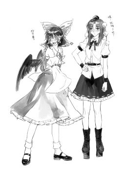 Rule 34 | 2girls, absurdres, aihara-rina, alternate costume, ascot, blush, boots, bow, chinese commentary, chinese text, collared shirt, commentary request, cosplay, costume switch, frilled bow, frilled hair tubes, frilled skirt, frills, geta, greyscale, hair bow, hair tubes, hakurei reimu, hakurei reimu (cosplay), hand on own hip, hat, highres, long hair, mary janes, monochrome, multiple girls, open mouth, pom pom (clothes), puffy short sleeves, puffy sleeves, ribbon-trimmed sleeves, ribbon trim, shameimaru aya, shameimaru aya (cosplay), shirt, shoes, short sleeves, skirt, smile, socks, sweatdrop, tengu-geta, tokin hat, touhou, translation request, wings