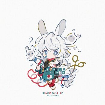 1girl animal_ears apron bandaid bandaid_on_cheek bandaid_on_face black_skirt blue_eyes brown_shoes chibi chibi_only closed_mouth commission full_body green_apron hair_dryer highres holding holding_hair_dryer kanae_(cookie) long_hair looking_at_viewer neckerchief original rabbit_ears rabbit_girl sample_watermark shirt shoes short_sleeves simple_background skirt sleeves_past_fingers sleeves_past_wrists socks solo standing standing_on_one_leg twitter_username watermark white_background white_hair white_neckerchief white_shirt white_socks