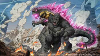 abs ape artist_request b.e.a.s.t._glove building chibi city claws colosseum cross_promotion crossover day debris dental_crown destruction dinosaur dust elbow_spikes electroshock_weapon english_text fangs fire gauntlets giant giant_monster glowing glowing_eyes glowing_mouth glowing_spikes godzilla godzilla_(monsterverse) godzilla_(series) godzilla_battle_line godzilla_evolved godzilla_x_kong:_the_new_empire gorilla italy kaiju king_kong king_kong_(series) legendary_pictures monster monsterverse muscular muscular_male muscular_other no_humans no_pupils now_production official_art open_mouth orange_eyes pectorals pink_eyes promotional_art real_world_location roaring rubble scar scar_on_chest scar_on_stomach sea_monster sharp_teeth sky skyscraper smoke spiked_tail spikes tail teaser teeth thagomizer toho toho_games tongue weapon