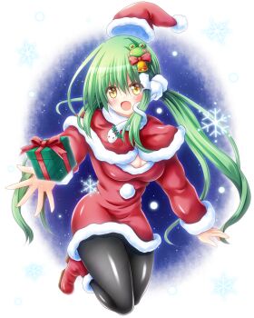 1girl :d alternate_hairstyle bell black_pantyhose blush boots border bow breasts capelet christmas christmas_present cleavage commentary_request dress fading_border frog_hair_ornament full_body fur-trimmed_boots fur-trimmed_capelet fur-trimmed_dress fur-trimmed_headwear fur-trimmed_sleeves fur_trim gift green_hair hair_bell hair_between_eyes hair_bow hair_ornament hair_scrunchie hair_tubes hat highres holding holding_gift kochiya_sanae large_breasts long_hair long_sleeves open_mouth osashin_(osada) pantyhose pom_pom_(clothes) red_boots red_bow red_capelet red_dress red_hat santa_costume santa_dress santa_hat scrunchie single_hair_tube smile snake_hair_ornament snowflakes solo touhou twintails very_long_hair white_scrunchie yellow_eyes