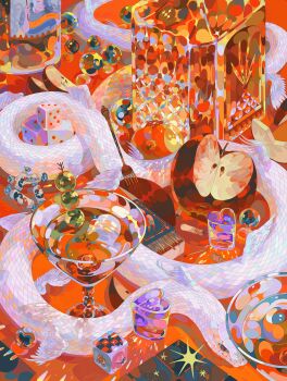 Rule 34 | absurdres, alcohol, animal, animal focus, animal print, apple, apple slice, bottle, candy, chinese new year, chinese zodiac, cigarette, cigarette butt, closed eyes, cocktail glass, colored sclera, commentary, cup, dice, drink, drinking glass, english commentary, eye print, food, fork, fruit, glass, grey sclera, heart, heart-shaped food, highres, iridescent wings, jdebbiel, marble (toy), martini, matchbox, olive, on table, orange eyes, original, procreate (medium), rabbit print, red background, red eyes, red theme, snake, sparkle, table, warm colored, whiskey, white scales, white wings, winged animal, wings, wrapped candy, year of the snake