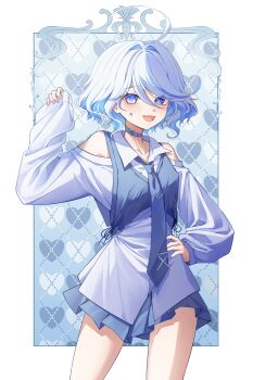 Rule 34 | 1girl, :d, absurdres, ahoge, alternate costume, bare shoulders, blue choker, blue eyes, blue hair, blue necktie, blue pupils, blue shirt, blush, blver, choker, collarbone, collared shirt, commentary, drop-shaped pupils, facial mark, furina (genshin impact), genshin impact, hair between eyes, hand on own hip, hand up, heart, heart facial mark, heterochromia, highres, light blue hair, long shirt, looking at viewer, medium hair, multicolored hair, necktie, off shoulder, open mouth, shirt, smile, solo, streaked hair, untranslatable commentary, symbol-shaped pupils, white hair