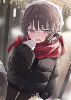 1girl absurdres black_pantyhose commentary_request highres mittens original pantyhose red_scarf scarf shin_no_tenpii skirt white_mittens winter winter_clothes