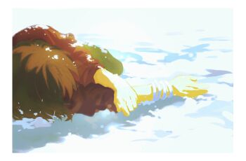 1boy bandaged_arm bandages border brown_hair commentary_request green_pants highres male_focus mauvh outdoors outstretched_arm pants red_shirt shirt short_hair snow solo toboe_(wolf's_rain) white_border wolf's_rain