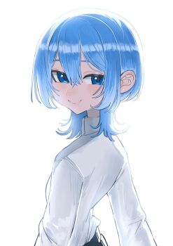 1girl blue_eyes blue_hair closed_mouth commentary_request hololive hoshimachi_suisei looking_at_viewer looking_back medium_hair smile solo star_(symbol) star_in_eye symbol_in_eye virtual_youtuber white_background yuuppi