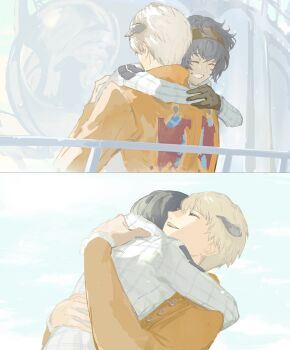 Rule 34 | 2boys, arms up, black gloves, closed eyes, coat, gloves, grin, hairband, highres, horns, hug, long sleeves, male focus, metal hairband, metaphor: refantazio, multiple boys, mutual hug, patterned clothing, protagonist (metaphor: refantazio), railing, samerkgk, smile, strohl (metaphor: refantazio), teeth, white coat, yaoi, yellow coat