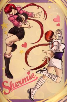 1girl boots breasts cleavage cleavage_cutout clothing_cutout coat dress fluffy heart huge_breasts jacket large_breasts pale_skin ponytail red_hair shermie_(kof) skirt smile smiley_face star_(symbol) stitchbits_miss the_king_of_fighters twintails