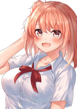 1girl absurdres arm_behind_head blush breasts collarbone commentary_request hair_bun hand_up highres large_breasts looking_at_viewer medium_hair meri-san neck_ribbon open_mouth orange_eyes orange_hair red_ribbon revision ribbon school_uniform short_sleeves simple_background single_hair_bun single_side_bun smile sobu_high_school_uniform solo summer_uniform upper_body white_background yahari_ore_no_seishun_lovecome_wa_machigatteiru. yuigahama_yui