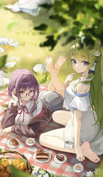 2girls absurdres apple barefoot basket blue_eyes brown_eyes cake cake_slice cup feet food fruit glasses green_hair haimaotuanzi highres kochiya_sanae long_hair looking_at_viewer lying multiple_girls on_stomach picnic picnic_blanket smile soles teacup the_pose toes touhou
