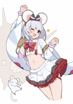 1girl absurdres animal_ears bow bowtie brooch clenched_hands collared_shirt commentary_request cropped_legs fake_animal_ears flat_chest granblue_fantasy grey_hair hairband highres jewelry light_blush long_hair looking_at_viewer midriff mouse_(animal) mouse_ears navel one_eye_closed open_mouth petticoat pigking_luneth red_eyes sailor_collar shirt short_hair sidelocks simple_background skirt smile solo sparkle star_(symbol) vikala_(granblue_fantasy) white_background white_shirt white_skirt wide_sleeves