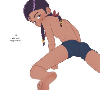 1boy artist_name back barefoot braid braided_twintails dark-skinned_male dark_skin english_text kyoudaicon looking_back male_focus original shorts signature solo topless_male white_background