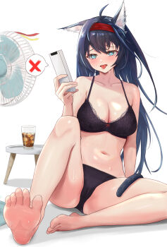 1girl absurdres ahoge animal_ear_fluff animal_ears arknights barefoot black_bra black_hair black_panties blaze_(arknights) blue_eyes blush bra breasts cameltoe cat_ears cat_girl cat_tail cleavage collarbone commentary_request controller electric_fan feet hair_between_eyes hairband headband highres holding ice ice_cube lace lace-trimmed_bra lace_trim large_breasts long_hair looking_at_viewer navel open_mouth panties remote_control runyo_(yale12312) simple_background sitting soles solo stomach sweat table tail thighs toes tongue tongue_out underwear underwear_only very_long_hair white_background