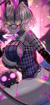 1girl akirannu baby_animal black_dress breasts colored_skin dress dripping elbow_gloves evil_smile fate/grand_order fate_(series) glasses gloves glowing glowing_eyes glowing_hand grey_hair grey_skin highres horns jacques_de_molay_(foreigner)_(fate) jacques_de_molay_(foreigner)_(third_ascension)_(fate) lamb large_breasts sheep smile thighs yellow_eyes