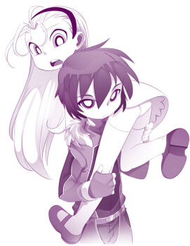 1boy 1girl bell_(ppgd) black_bodysuit black_eyes black_hair black_hairband black_shoes bleedman bodysuit carrying_over_shoulder commentary cowboy_shot dress dress_shoes english_commentary facing_viewer fingerless_gloves from_behind fur_trim gloves grey_eyes greyscale hairband long_bangs long_hair looking_at_viewer monochrome open_mouth panties powerpuff_girls powerpuff_girls_doujinshi scared shoes short_dress thighhighs underwear very_long_hair white_background white_dress white_panties white_thighhighs