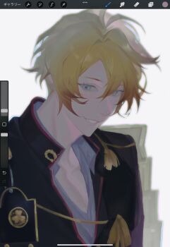 1boy :d absurdres ahoge art_program_in_frame black_jacket blonde_hair blue_eyes carda_momd collared_shirt colored_tips copyright_request epaulettes head_tilt highres jacket looking_at_viewer multicolored_hair open_mouth screencap shirt short_hair smile solo tassel upper_body white_shirt