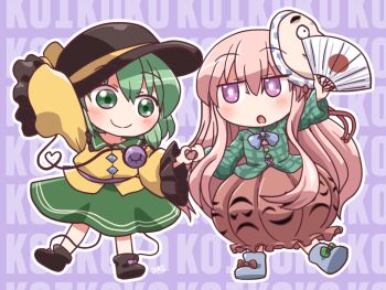 2girls black_boots black_hat blue_bow blue_bowtie boots bow bowtie bubble_skirt circle closed_mouth commentary_request cross folding_fan footwear_bow frilled_sleeves frills full_body green_bow green_eyes green_hair green_shirt green_skirt grey_boots hair_between_eyes half-closed_eyes hand_fan hat hata_no_kokoro holding holding_fan holding_hands hyottoko_mask komeiji_koishi long_hair long_sleeves looking_at_another mask mask_on_head multiple_girls open_mouth pink_hair plaid_clothes plaid_shirt purple_background purple_eyes red_bow rokugou_daisuke shirt short_hair signature skirt smile standing standing_on_one_leg star_(symbol) text_background third_eye touhou triangle wide_sleeves yellow_shirt