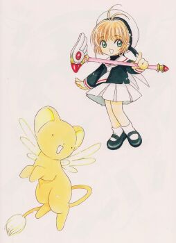 Rule 34 | absurdres, black footwear, cardcaptor sakura, clamp (circle), green eyes, hat, highres, holding, holding wand, kero (cardcaptor sakura), kinomoto sakura, open mouth, orange hair, short hair, simple background, skirt, socks, wand, white background, white hat, white skirt, white socks, wings