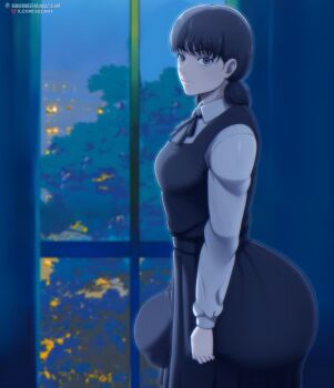 1futa absurdres artist_name ass black_eyes black_hair breasts bulge chainsaw_man futanari highres huge_ass long_hair long_sleeves looking_at_viewer medium_breasts mitaka_asa school_uniform skirt solo window z-art